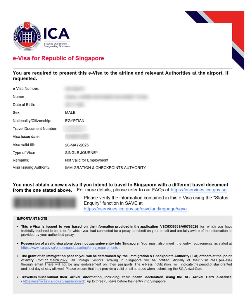 Exemple visa Singapour